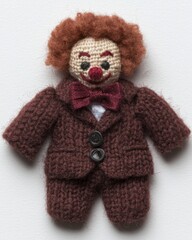Handmade Crochet Clown Doll with Brown Hair and Red Bow Tie