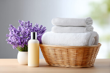 Spa accessories, lavender flowers, soft towels and a bottle of lotion.