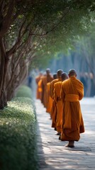 Monks strolling in a peaceful morning garden