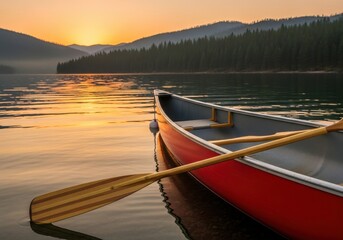 Obraz premium Tranquil morning canoe ride on a serene lake at sunset with mountains
