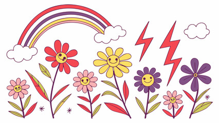 Obraz premium Whimsical retro daisy flowers with rainbow and lightning bolts on a white background