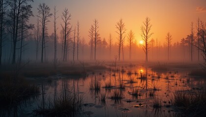 Fototapeta premium A serene sunrise paints a tranquil marsh landscape, with silhouettes of bare trees reflected in the still water, enveloped in a soft morning mist.