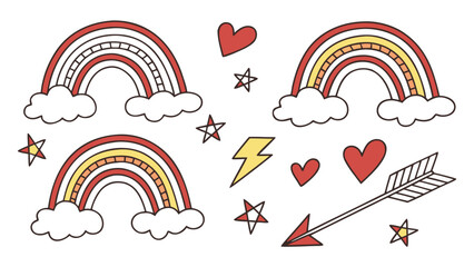 Collection of hand drawn doodle style rainbows clouds hearts stars lightning bolts and an arrow on a white background