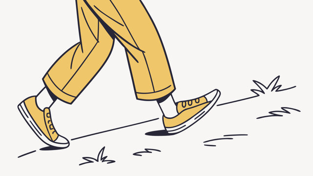 Close up of stylish person wearing yellow pants and sneakers walking forward leaving footprints on a path in a minimalist illustration