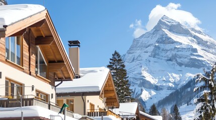 Alpine cabins with snow-covered mountains.