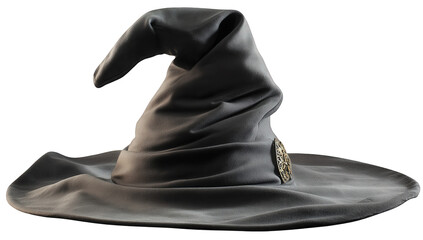 Grey Pointed Witch Hat with Wide Brim on Transparent Background