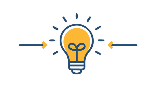 Conceptual illustration of two opposing arrows pointing towards a glowing light bulb symbolizing inspiration convergence and the generation of new ideas