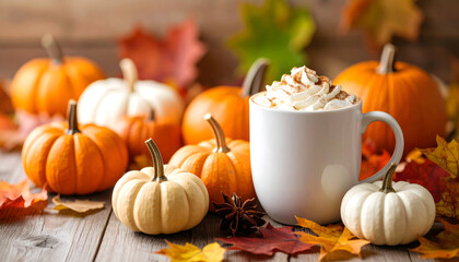 Autumn Coffee with Pumpkins and Fall Leaves