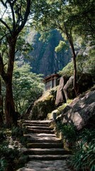 Tranquil pathway in a lush forested area