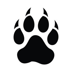 Illustration of a black animal paw print with claws on a white background in a simple vector style