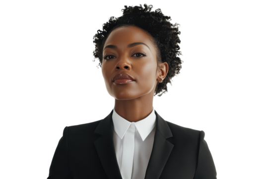 Confident African American businesswoman posing with poise and professionalism in a modern, minimalistic setting during a bright, daylight hour - Powered by Adobe