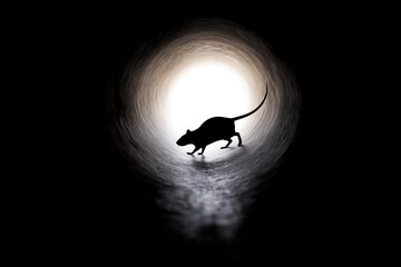 Silhouette of a rat running through a dark tunnel towards.