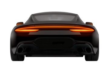 Sleek modern sports car rear view showcasing headlights and exhaust at twilight, emphasizing aerodynamic design and powerful stance