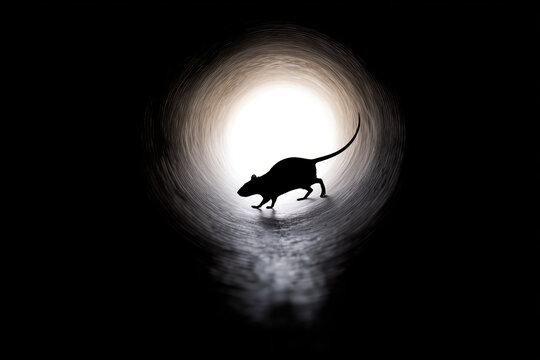 Silhouette of a rat running through a dark tunnel towards.
