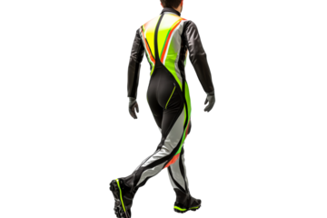 Person wearing black, grey, and yellow racing suit walking, cut out transparent