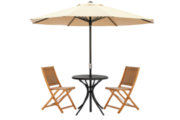 Cafe table set with parasol umbrella and two wooden chairs ready for outdoor dining in a bright, sunny atmosphere