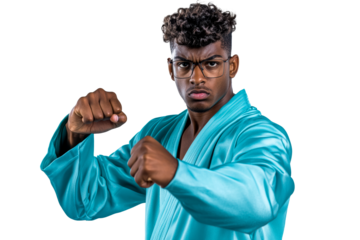 Focused Black man wearing martial arts uniform with fists raised, cut out transparent