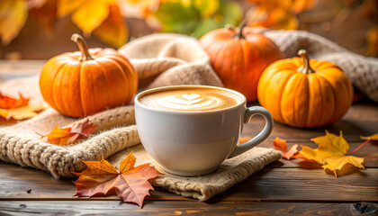 Cozy Autumn Coffee with Pumpkins and Leaves