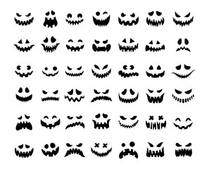 Set of pumpkin faces for Halloween. Vector illustrations. Cartoon style. Black silhouettes isolated on white background. Creepy smiling faces. For cards, flyers, printing on T-shirts, textiles.