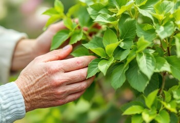 Elderly hands gently touching the fresh green leaves of a lush shrub, showing care and a connection with nature in a garden