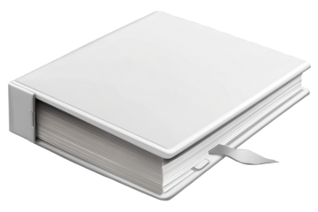 White binder with blank pages and a ribbon bookmark isolated on a transparent background in a low-resolution format for design purposes