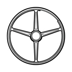 Illustration of a classic steering wheel with four spokes and a circular design in black and white color