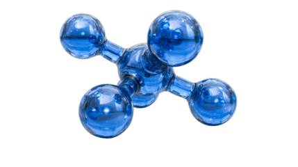 Abstract blue glass molecule structure with reflections on white, cut out transparent