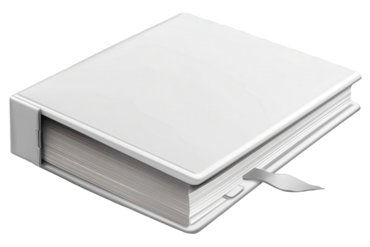 White binder with blank pages and a ribbon bookmark isolated on a transparent background in a low-resolution format for design purposes