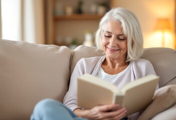 Smiling mature woman with grey hair relaxing on a comfortable couch in her living room, deeply engrossed in reading a good book