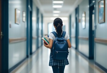 Rear view of a young schoolgirl with a backpack walking down a long, empty school corridor on her educational journey