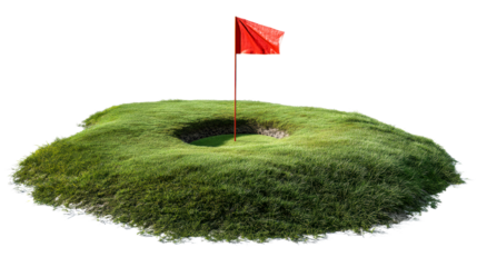 Golf hole with red flag on lush green grass against white background, cut out transparent