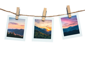 Fototapeta premium Collection of scenic nature photos displayed on a twine line showcasing vibrant sky colors and mountain landscapes during golden hour in a tranquil outdoor setting