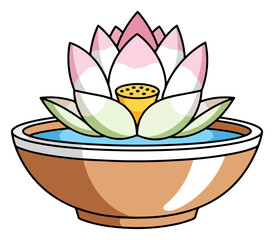 Cartoon Lotus Flower Floating in a Bowl of Water.