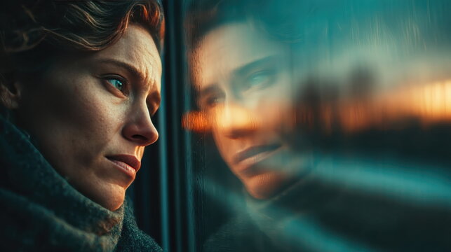 Reflective moment train journey emotional portrait urban environment close-up view inner conflict and isolation