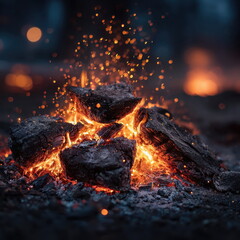 Naklejka premium Captivating fire sparks dance amidst charred wood forest clearing nature photography evening glow close-up shot embracing wilderness