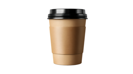 To Go Coffee Cup with Black Lid and Cardboard Sleeve on White Background, cut out transparent