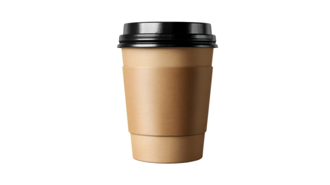 To Go Coffee Cup with Black Lid and Cardboard Sleeve on White Background, cut out transparent
