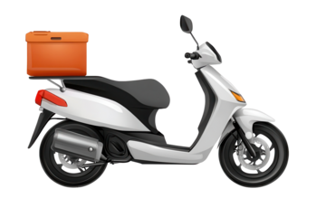 Food delivery scooter with cargo box parked in urban setting ready for service during day