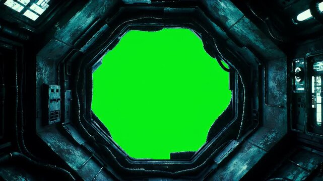 Dark Futuristic Spaceship Interior with Green Screen Octagon