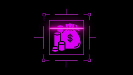 Neon Pink Money Bag and Coins Graphic with Laser Scan Lines and Target Reticle on Black Background Financial Success Concept - Powered by Adobe