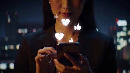 Woman Using Smartphone at Night with Glowing Social Media Icons - Powered by Adobe