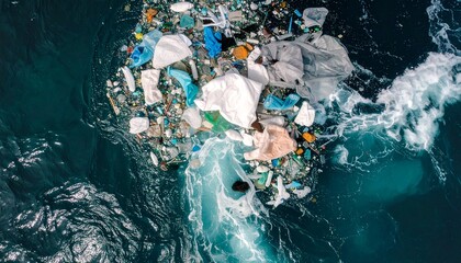 A large island of plastic debris and garbage floating in the deep ocean, a stark symbol of environmental pollution and marine contamination