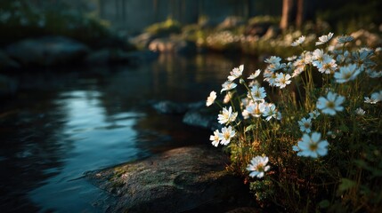 Peaceful woodland scene with wildflowers reflecting in gentle water