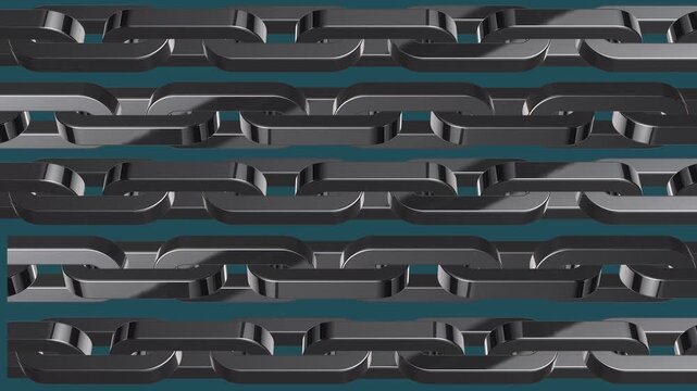 Seamless metallic chain links interlocking on a dark teal background abstract technology concept 3 D render