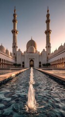 Naklejka premium Majestic mosque with reflecting pools at sunset