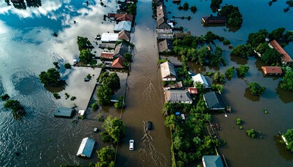 Fototapeta premium Devastating Aerial View of Flood-Ravaged Neighborhood
