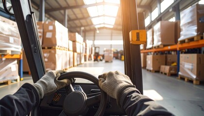 First-person view of a forklift operator maneuvering through a sunlit warehouse, showcasing the daily operations of logistics and distribution