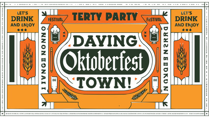 Oktoberfest town festival poster with vintage typography beer mugs wheat and decorative frame in orange and green