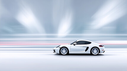 Obraz premium Sleek white sports car in motion with blurred background showcasing speed and modern design