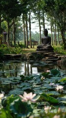 Buddha statue by lotus pond in garden